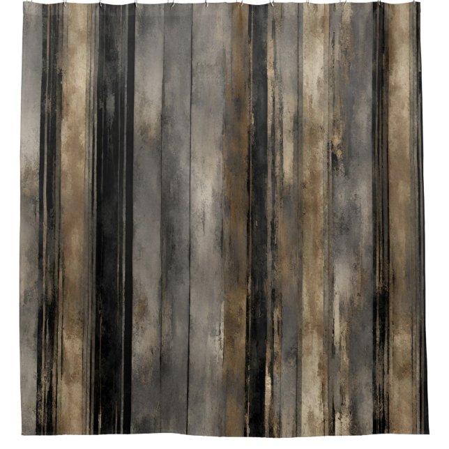 Distressed Black Gold and Gray Stripe Shower Curtain (Front)