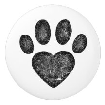 Distressed Black Heart Pawprint Ceramic Knob
