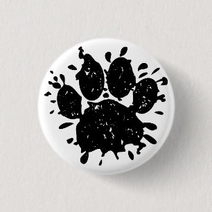 Distressed Black Paint Splatter Dog Paw Print Button