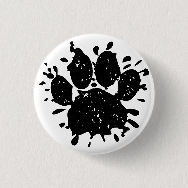 Distressed Black Paint Splatter Dog Paw Print Button (Front)