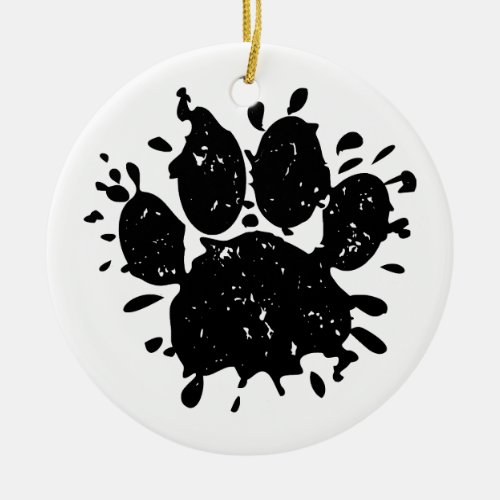 Distressed Black Paint Splatter Dog Paw Print Ceramic Ornament
