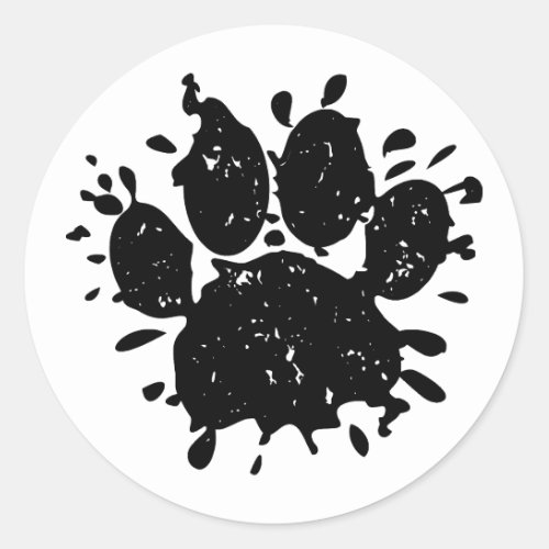 Distressed Black Paint Splatter Dog Paw Print Classic Round Sticker