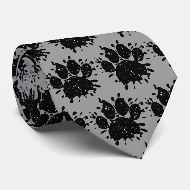Distressed Black Paint Splatter Dog Paw Print Neck Tie (Rolled)