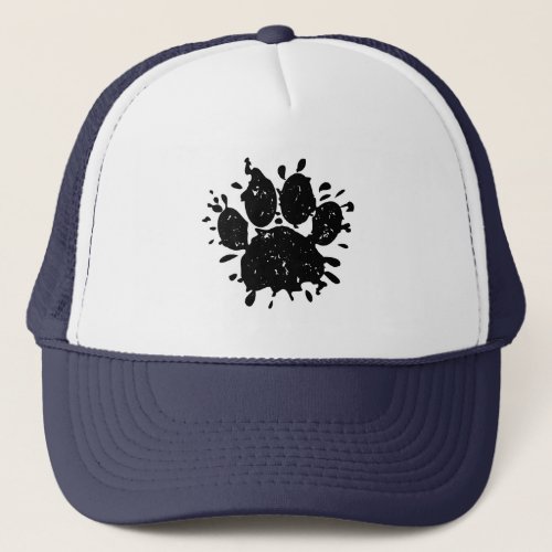 Distressed Black Paint Splatter Dog Paw Print Trucker Hat