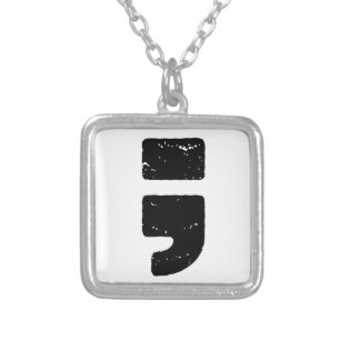Distressed Black Punctuation Symbol Semicolon Silver Plated Necklace