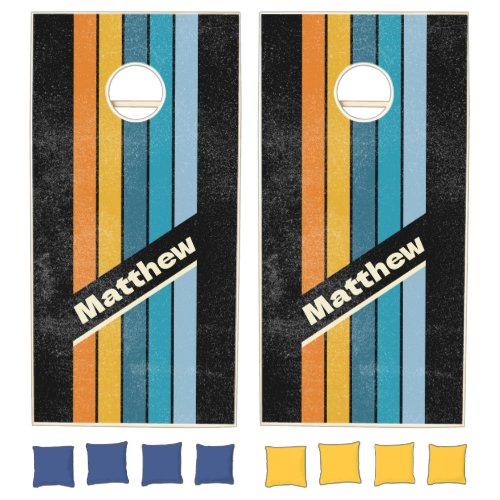 Distressed Black Rainbow Pin Striped with Name Cornhole Set