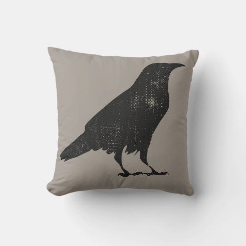 Distressed  black Raven Silhouette on a beige Throw Pillow