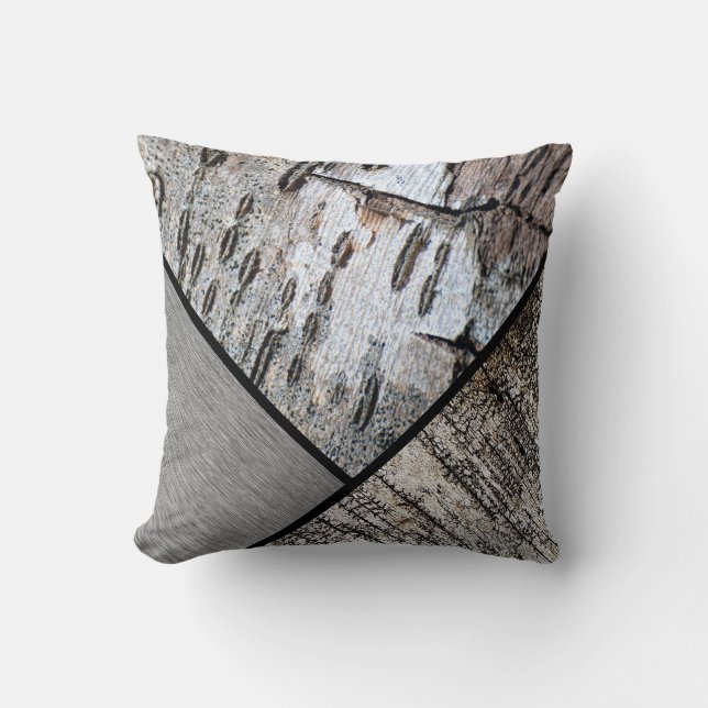Distressed Black White Birch Bark Lined Grey Throw Pillow (Front)