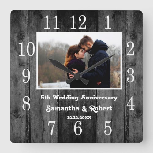 Distressed Black Wood 5 Year Anniversary Photo Square Wall Clock