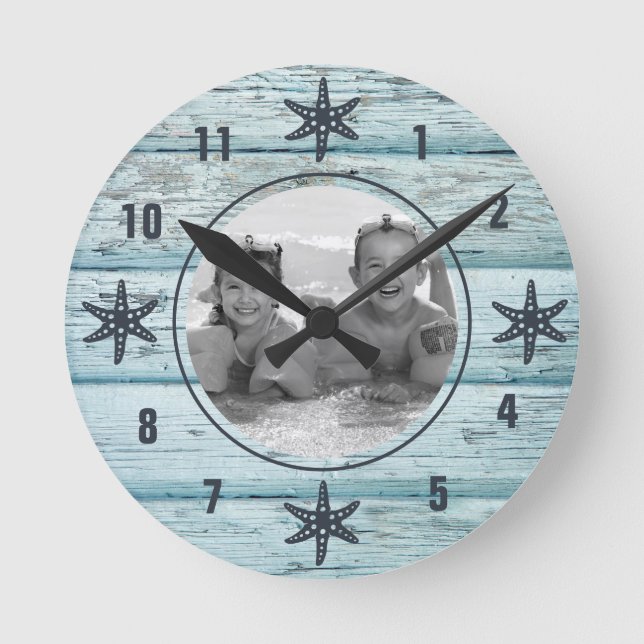 Distressed Blue Beach Wood Starfish Photo Round Clock (Front)