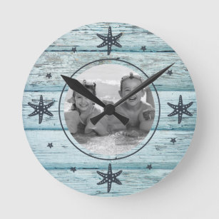Distressed Blue Beach Wood Starfish Photo Round Clock