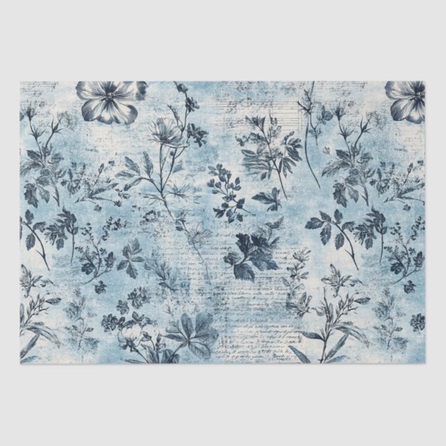 Distressed Blue Florals Pattern  Tissue Paper (Front)
