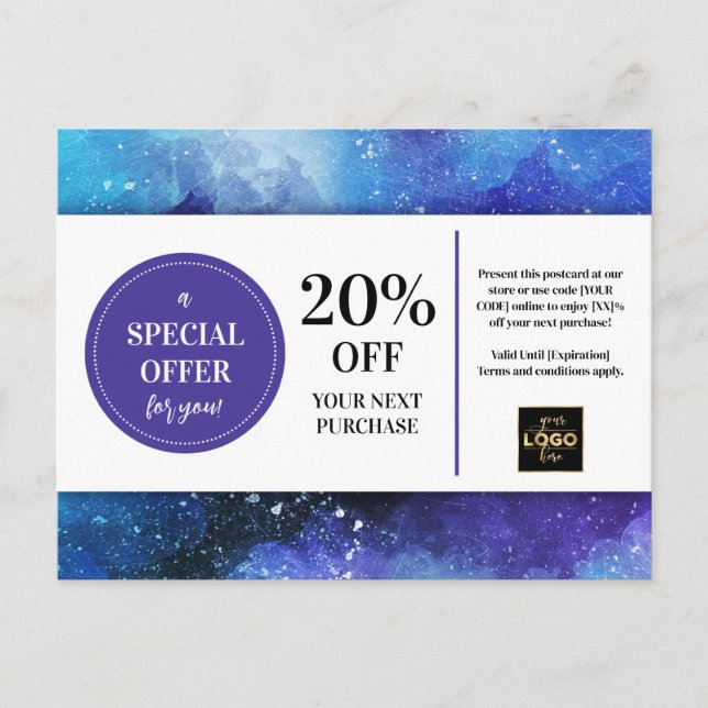 Distressed Blue Purple Watercolor Coupon Discount Postcard (Front)