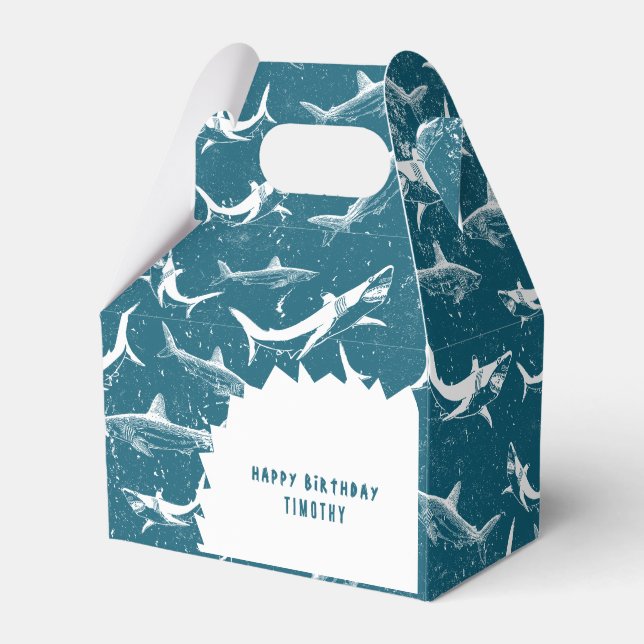 Distressed Blue Shark Boys Birthday Party  Favor Boxes (Front Side)