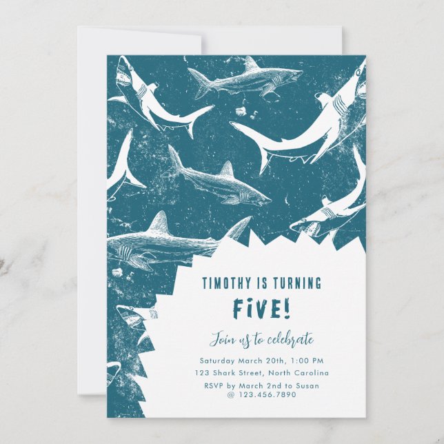 Distressed Blue Shark Boys Birthday Party Invitation (Front)