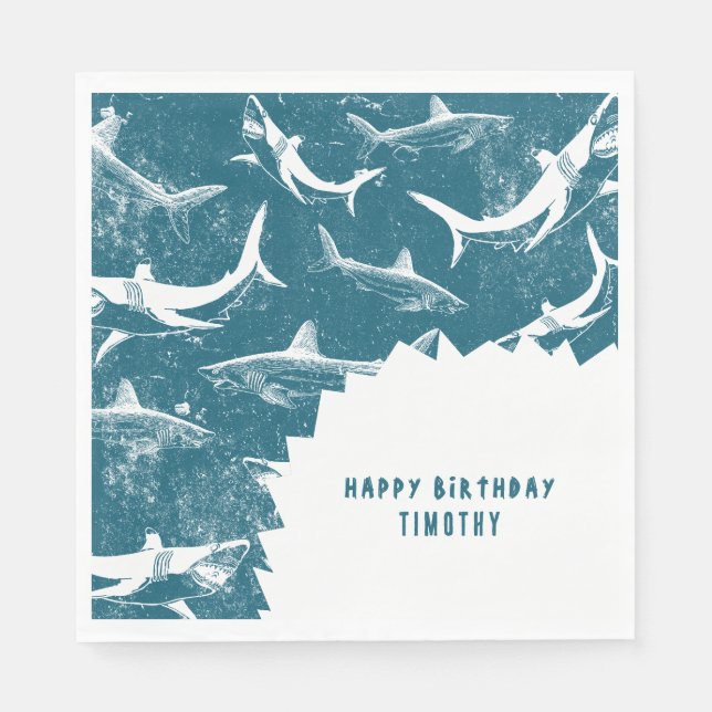 Distressed Blue Shark Boys Birthday Party Napkins (Front)
