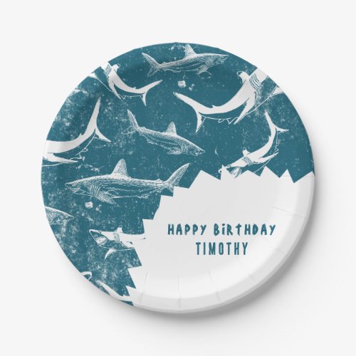 Distressed Blue Shark Boys Birthday Party Paper Plates