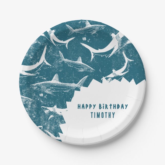 Distressed Blue Shark Boys Birthday Party Paper Plates (Front)