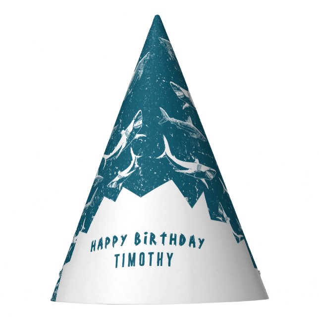 Distressed Blue Shark Boys Birthday Party  Party Hat (Front)