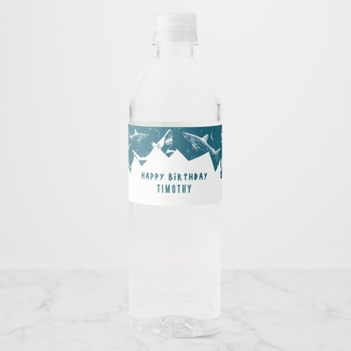 Distressed Blue Shark Boys Birthday Party  Water Bottle Label