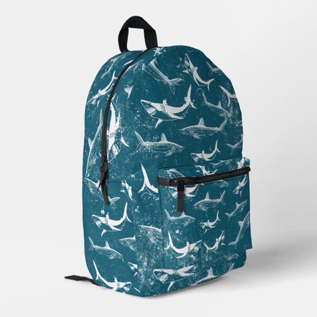 Distressed Blue Shark Pattern Back To School Printed Backpack (Back Corner Left)