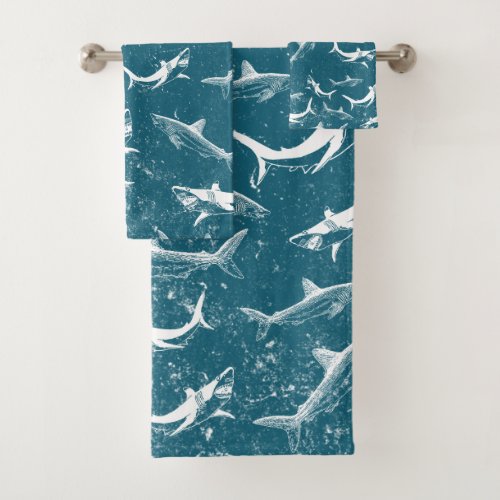 Distressed Blue Shark Pattern  Bath Towel Set
