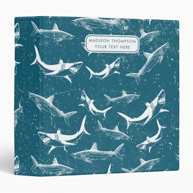 Distressed Blue Shark Pattern Kids Custom Name 3 Ring Binder (Front/Spine)