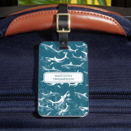 Distressed Blue Shark Pattern Kids Custom Name Luggage Tag