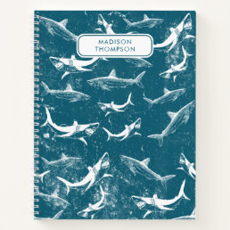 Distressed Blue Shark Pattern Kids Custom Name Notebook