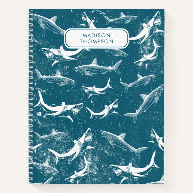 Distressed Blue Shark Pattern Kids Custom Name Notebook (Front)