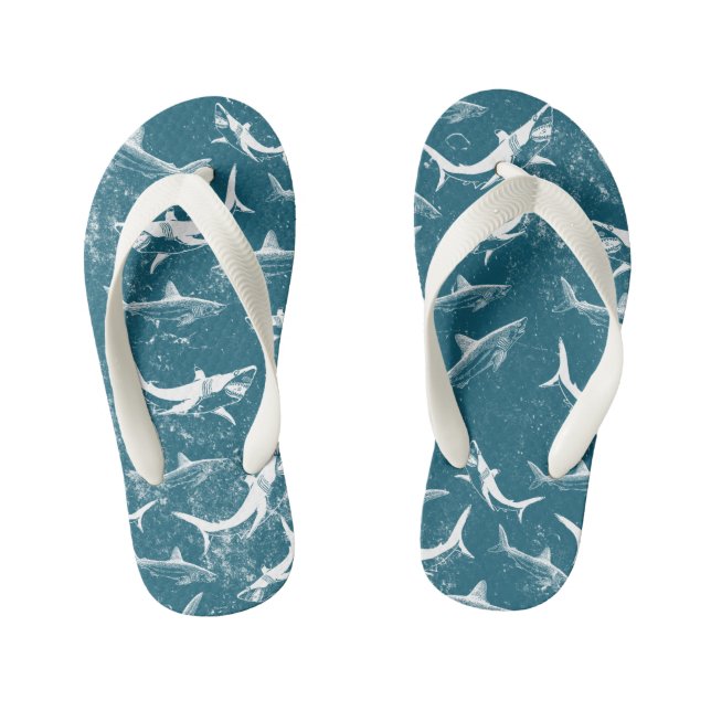 Distressed Blue Shark Pattern Kid's Flip Flops (Footbed)