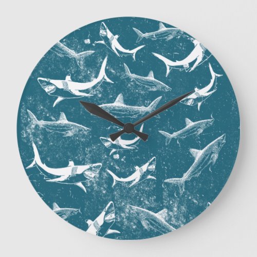 Distressed Blue Shark Pattern Large Clock