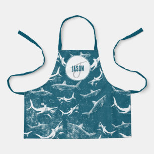 Distressed Blue Shark Pattern Monogram Apron