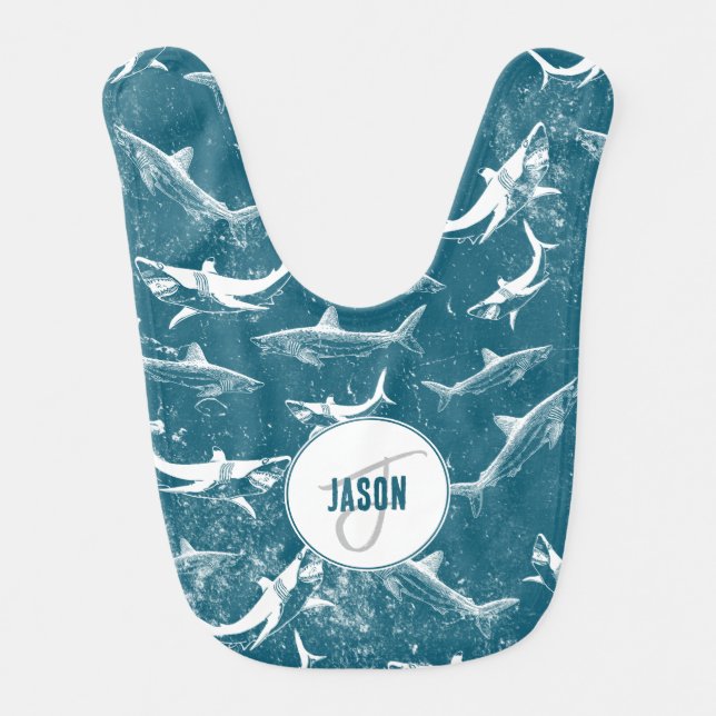 Distressed Blue Shark Pattern Monogram Baby Bib (Front)