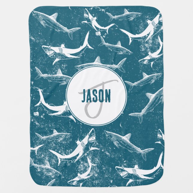 Distressed Blue Shark Pattern Monogram Baby Blanket (Front)