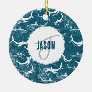 Distressed Blue Shark Pattern Monogram Ceramic Ornament