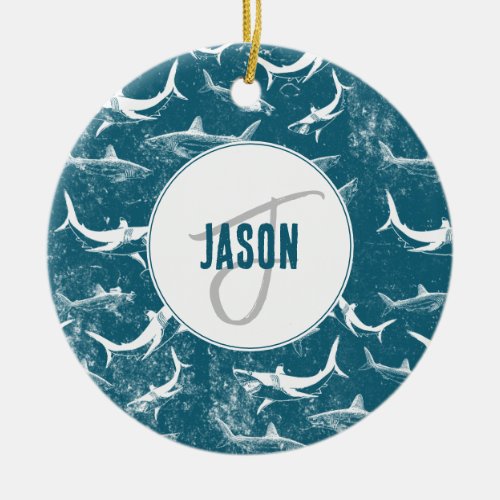 Distressed Blue Shark Pattern Monogram  Ceramic Ornament