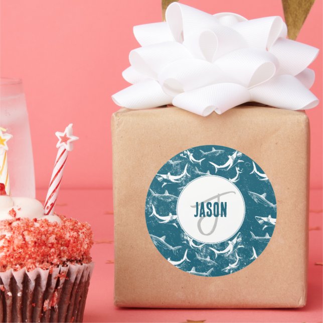 Distressed Blue Shark Pattern Monogram  Classic Round Sticker (Party)