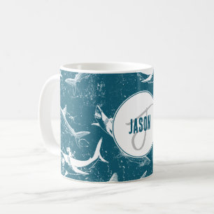 Distressed Blue Shark Pattern Monogram Coffee Mug