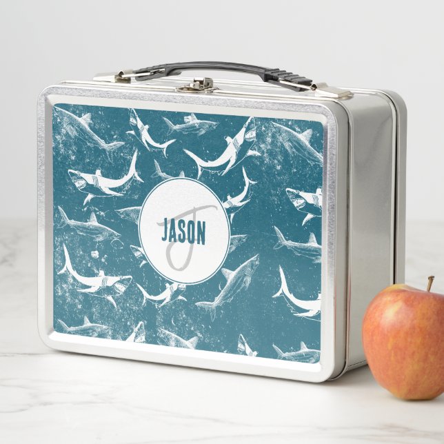 Distressed Blue Shark Pattern Monogram  Metal Lunch Box (In Situ)