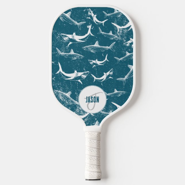 Distressed Blue Shark Pattern Monogram   Pickleball Paddle (Front)