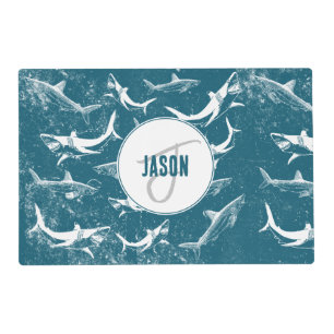 Distressed Blue Shark Pattern Monogram Placemat