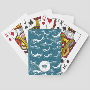 Distressed Blue Shark Pattern Monogram   Poker Cards