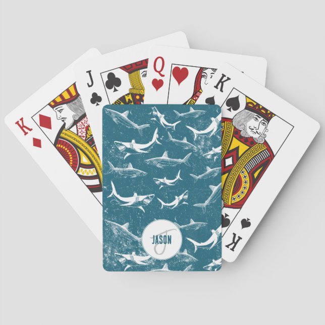 Distressed Blue Shark Pattern Monogram   Poker Cards (Back)