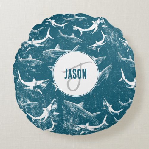 Distressed Blue Shark Pattern Monogram Round Pillow