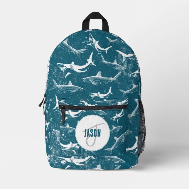 Distressed Blue Shark Pattern Monogram School Printed Backpack (Front)
