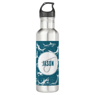 Distressed Blue Shark Pattern Monogram Stainless Steel Water Bottle