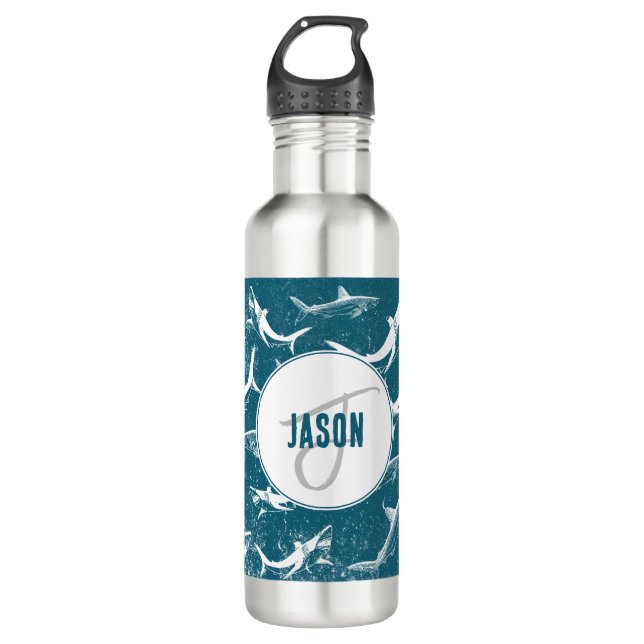 Distressed Blue Shark Pattern Monogram Stainless Steel Water Bottle (Front)