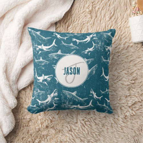 Distressed Blue Shark Pattern Monogram  Throw Pillow