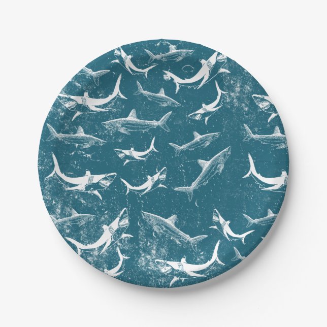 Distressed Blue Shark Pattern  Paper Plates (Front)